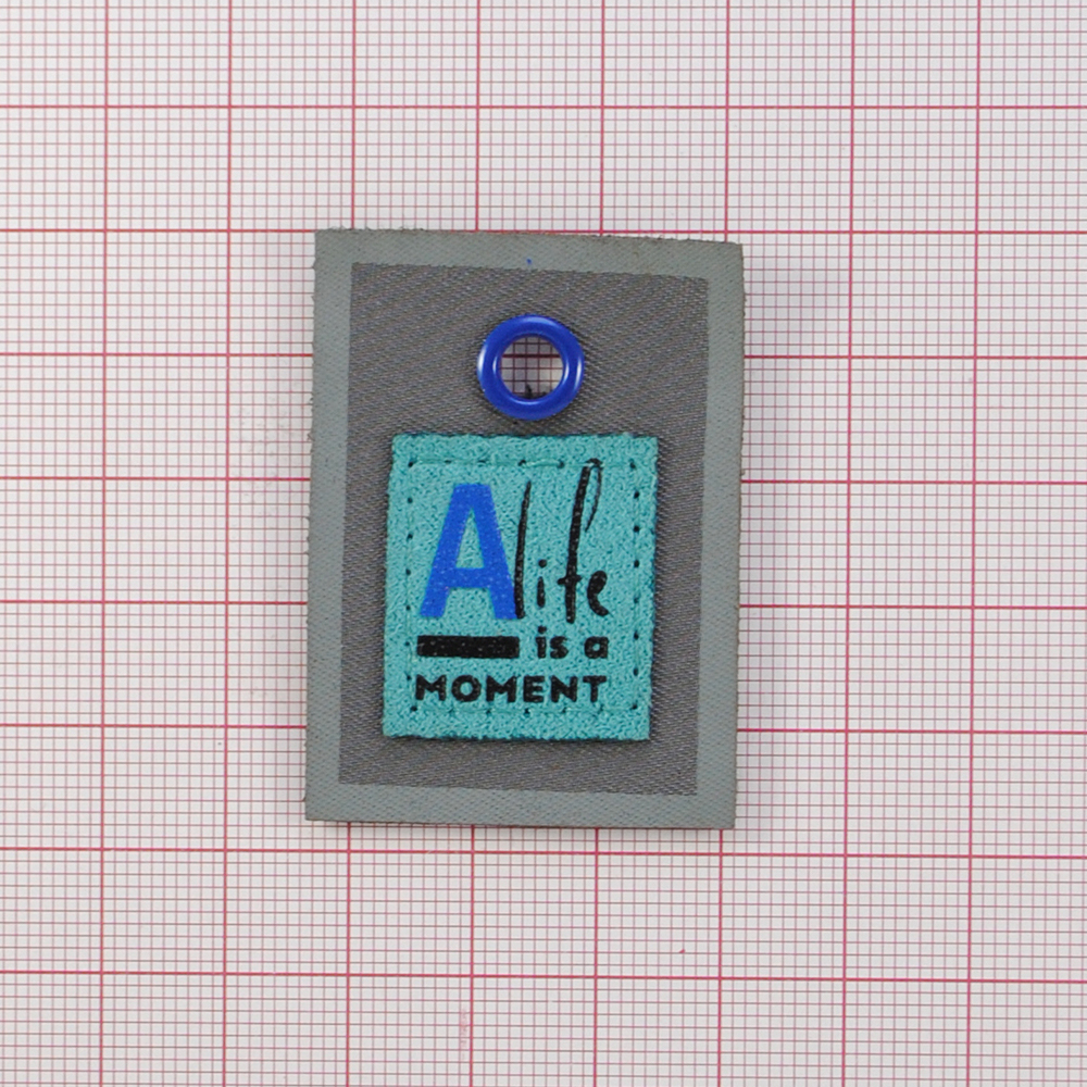 Лейба ткань., Alife is a moment, блочка син., 4.7*3.4см, бирюза, сер.,черн., син, шт. Лейба Ткань