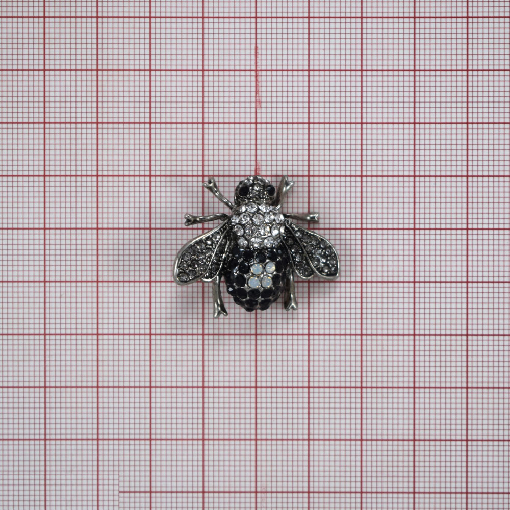 Брошь Муха никель, черные и белые камни. Броши