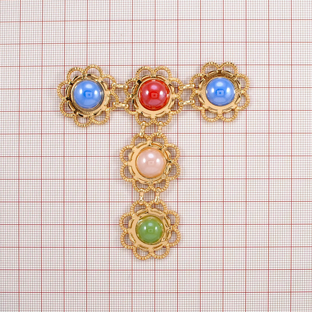 Украшение стекло Сандали 5 ромашек драже 85*90мм GOLD, цветные камни пластик, перетяжка тройная. Перетяжка металл со стразами