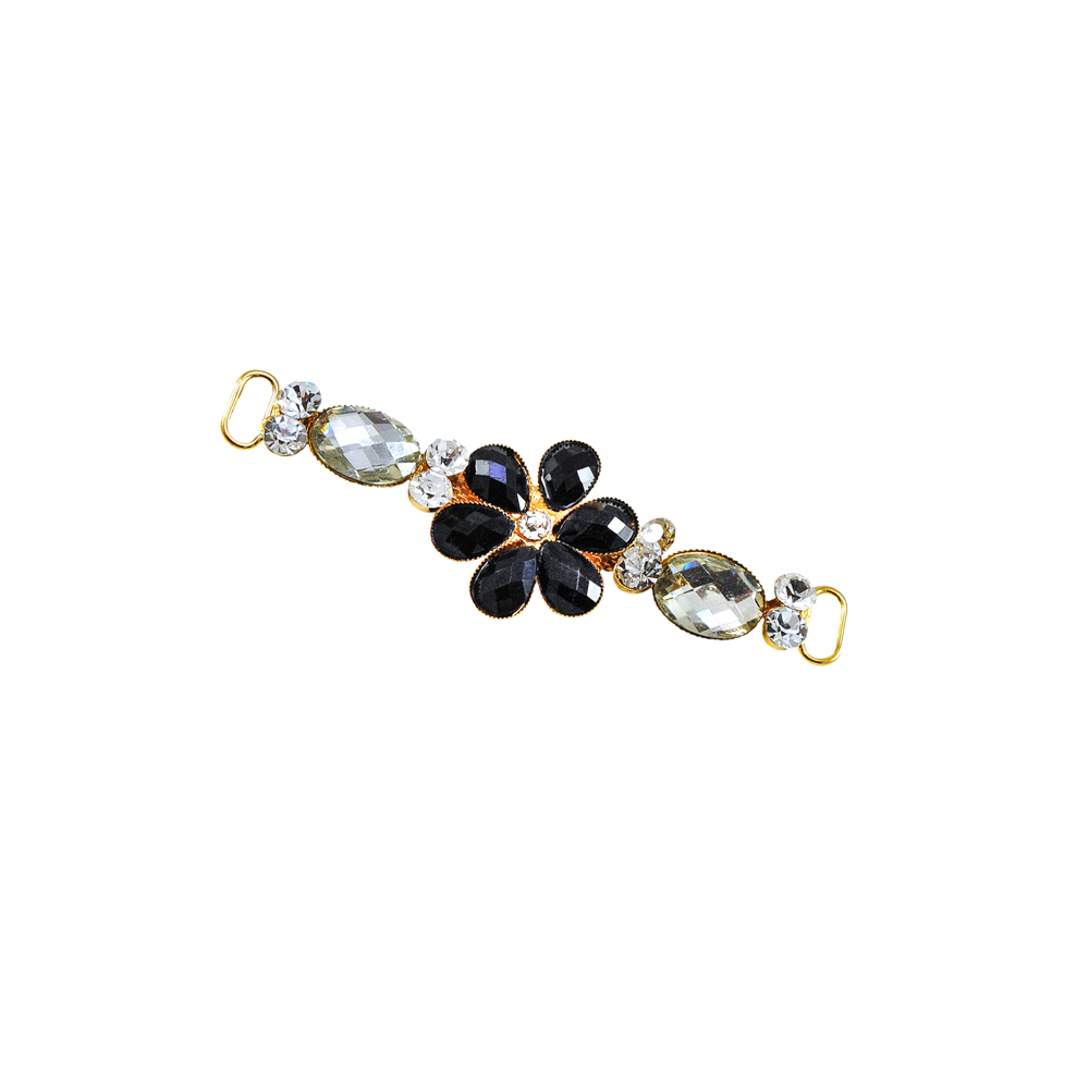 Укр.стекл.  9896 перетяж. 8*2,1см GOLD, цветок-6 черн.камней капля, 2 крупн. бел. овал. Перетяжка металл со стразами