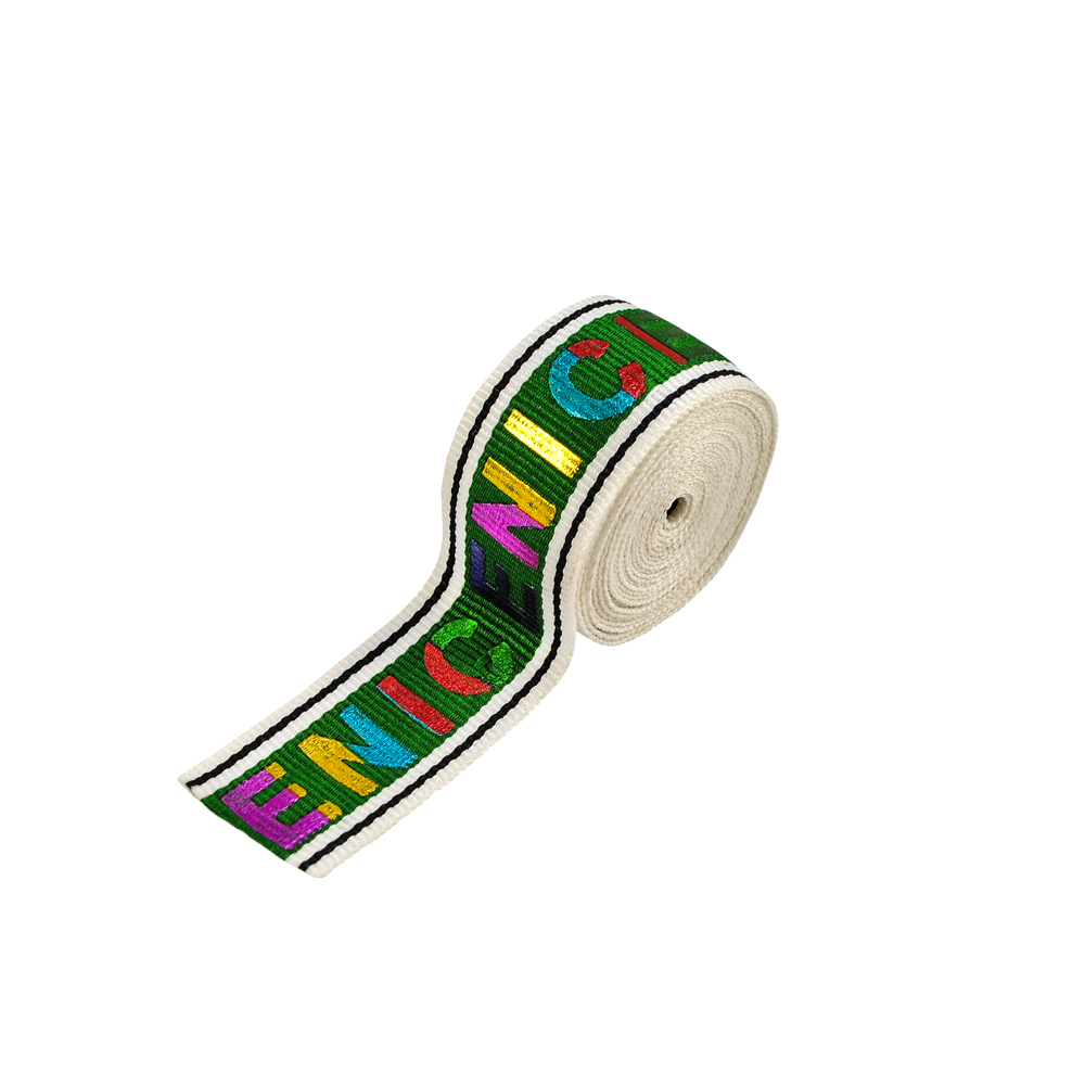 Тесьма репсоавя с накаткой NICE 2,5см, зеленый, белый, черный, лого цветной, 50ярд. Тесьма