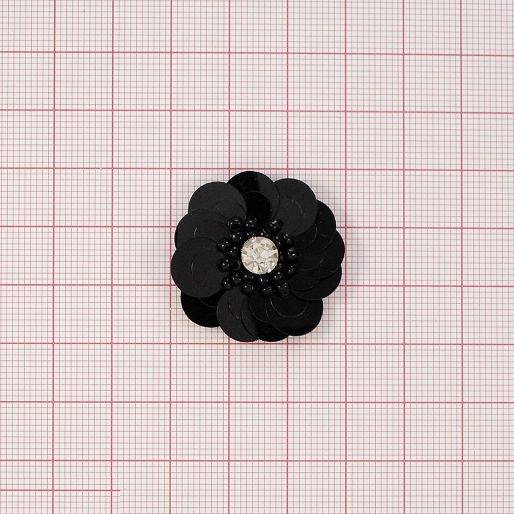Аппликация декор обувная Цветок из пайеток 3*3см черный, белый камень crystal, шт.. Аппликации Пришивные Пайетки