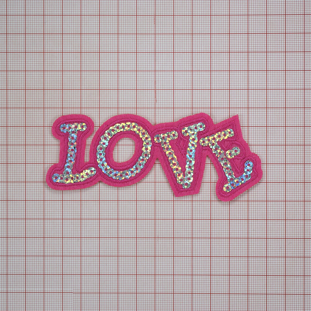 Аппликация клеевая пайетки LOVE 4*12 см розовый, серебряные пайетки, шт. Аппликации клеевые Пайетки