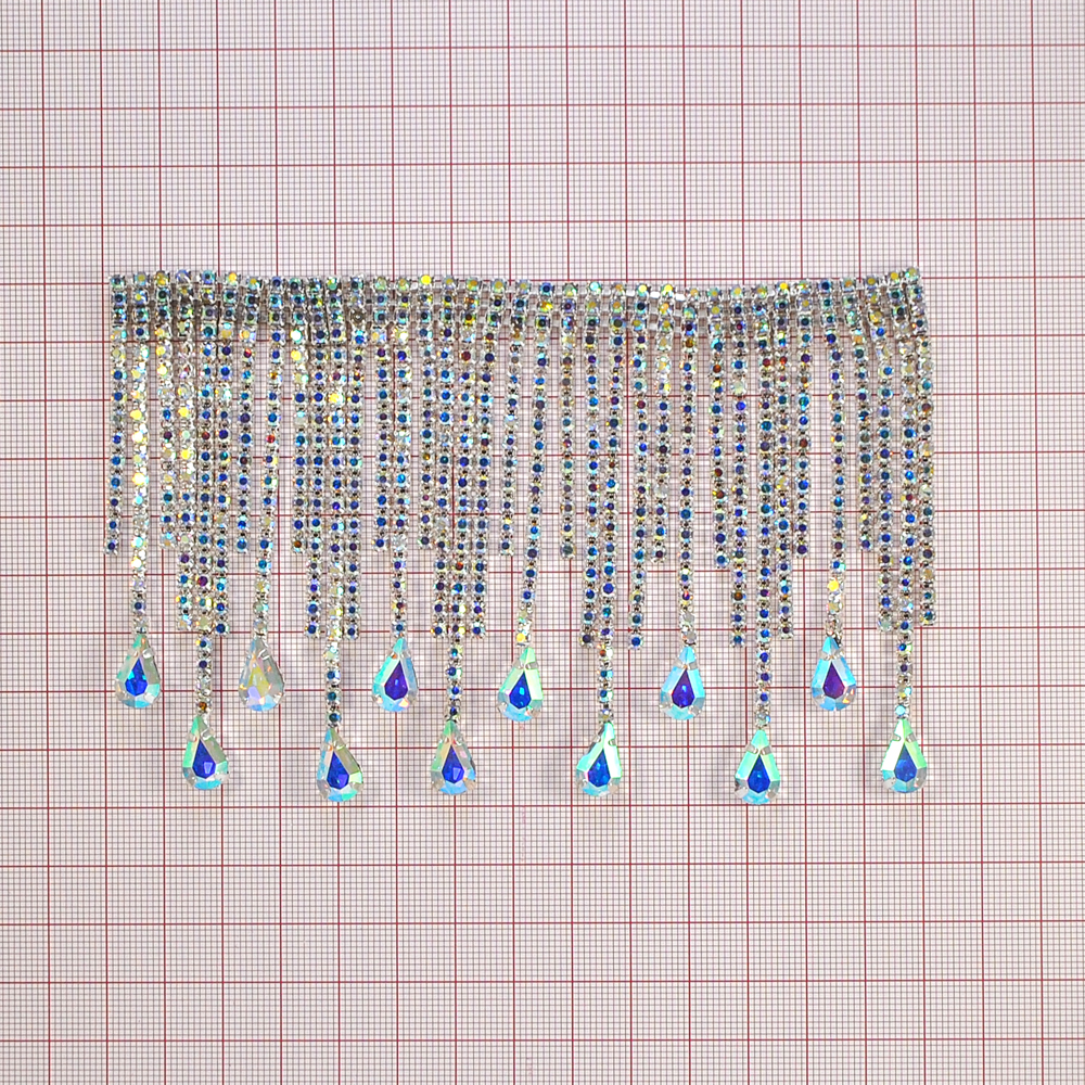 Тесьма стразы с подвесками из страз Капельки, 9,2см, белый хамелеон, ярд. Тесьма из страз