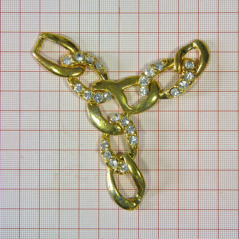 Украшение стеклянное 9371 перетяжка 3 угла, GOLD, крупная цепь, белые камни. Перетяжка металл со стразами