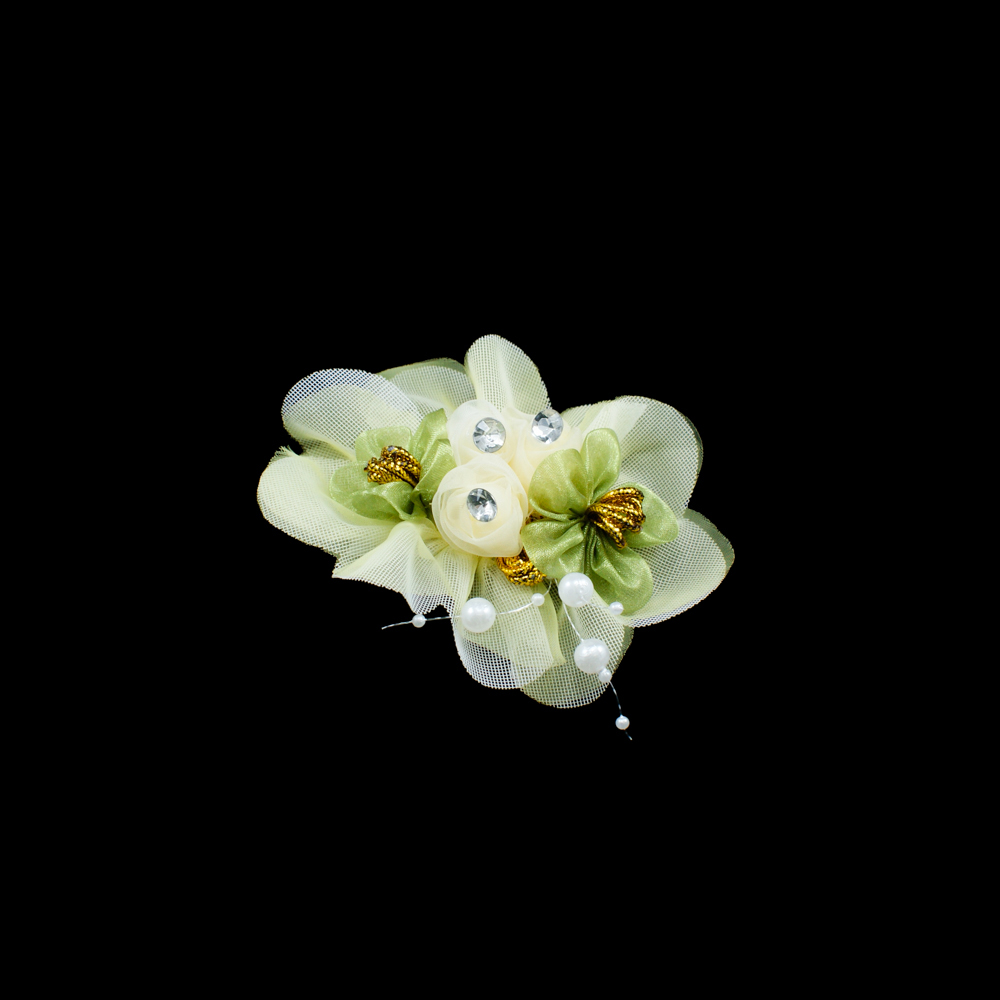 Аппликация декор Букет 8*10см, светло-желтый, оливковый, белые камни, белый жемчуг. Аппликации Пришивные Цветы Банты