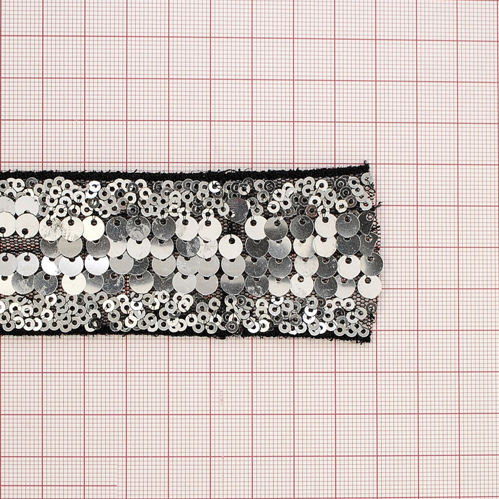 Тесьма Пайетки 4см, черный и серебряные пайетки, 20ярд. Тесьма