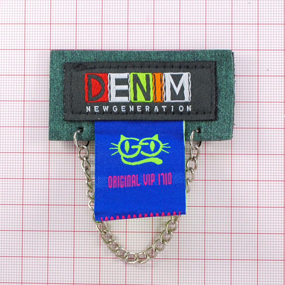 Лейба ткань и кожзам DENIM, 7*3,5см, сер., зел., син., кр., черн., флажок, цепь, шт.. Лейба Ткань