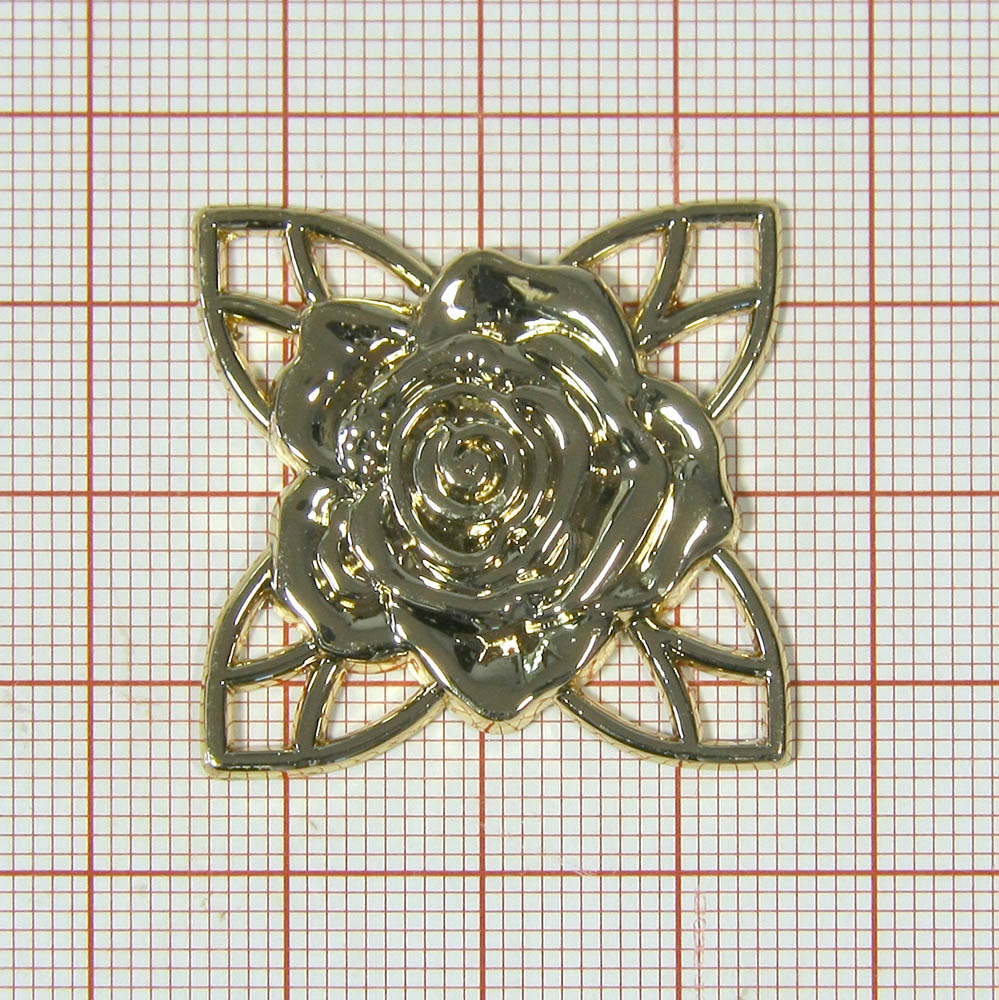 Декор металл пришивной Роза на листках 30мм GOLD. Декор Металл Пришивной