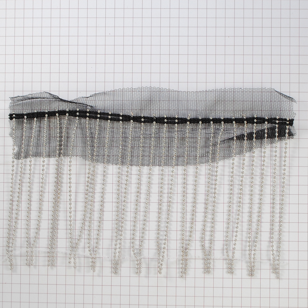 Бахрома из металла на сетке, черная основа, 9см, ярд. Тесьма из страз