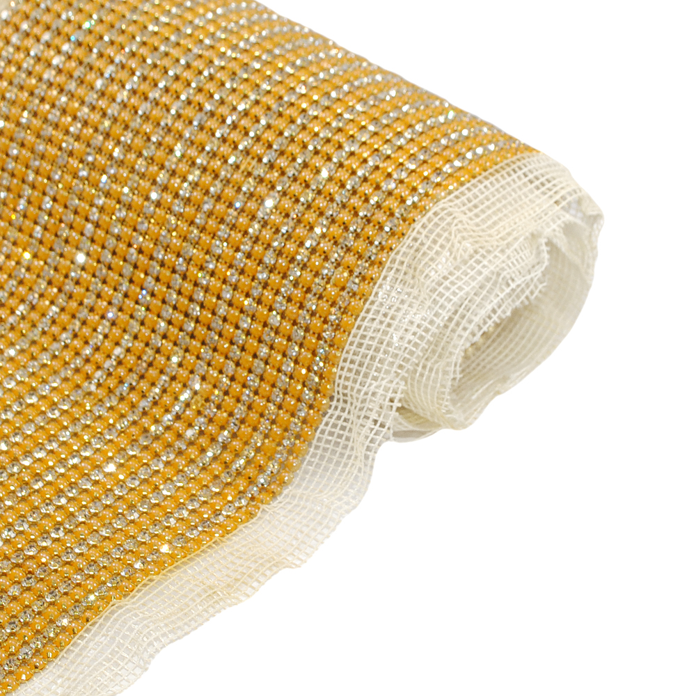 Тесьма стразы клеевые сетка 18мм GOLD, желтый жемчуг, белые камни, ярд. Тесьма из страз