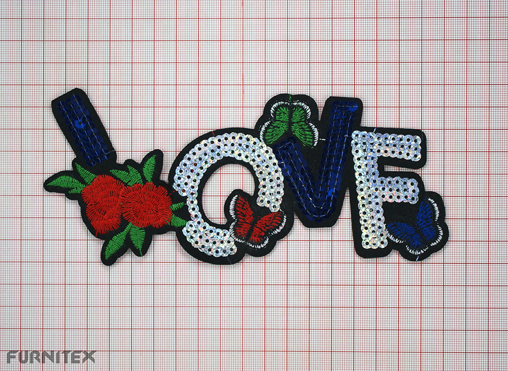 Аппликация клеевая пайетки LOVE 20*9см светло-зеленые, красные, белые, синие нити, синие и серебряные пайетки. Аппликации клеевые Пайетки